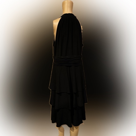 Evan Picone Black Halter Top V-Neck 3 Tier Midi Dress SZ 12 - Picture 4 of 6